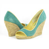 Hacho Cork Wedge: Turquoise Suede w/Yellow Trim